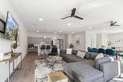 Lesing office with grey couch and a white ceiling.