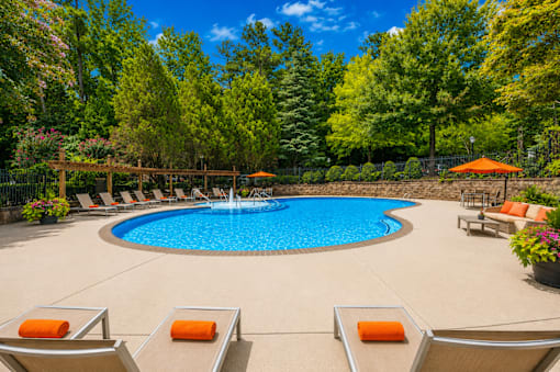 A large swimming pool surrounded by orange lounge chairs and trees.