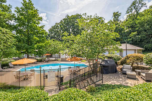 A pool surrounded by a black fence and trees.
