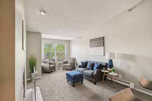 A living room with a grey couch and a blue ottoman.