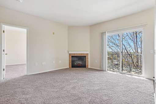 A living room with a fireplace and a sliding glass door.