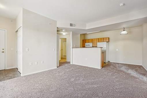 A spacious living room with a kitchenette in the background.