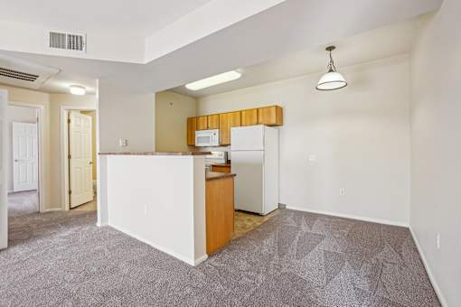 A kitchen area with a white counter and a microwave.