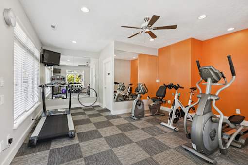 A home gym with a treadmill, elliptical machines, and a television.