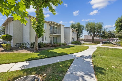 our apartments have a walkway with grass and trees