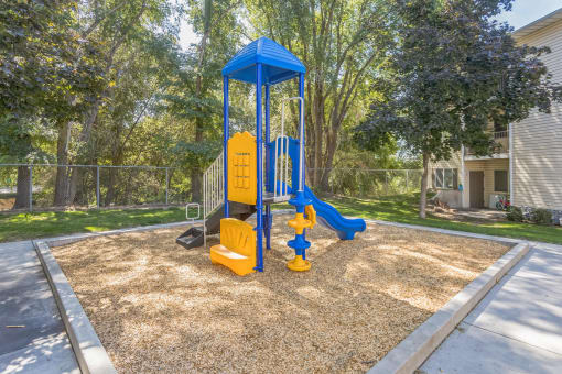 A playground with a blue and yellow structure.