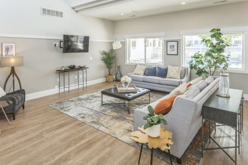 a living room with a couch and a coffee table and a tv