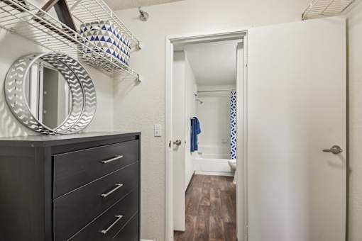A bathroom with a wooden floor and a white door.