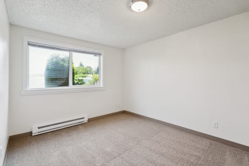 an empty room with a window and carpet