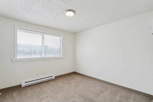 the living room of an apartment with carpet and a window