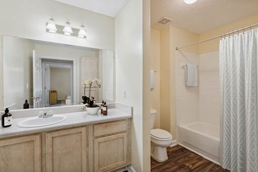 A bathroom with a sink, mirror, and shower.