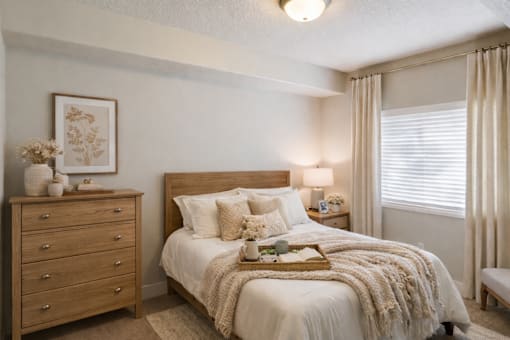 Cozy bedroom with neutral tones and wood furniture at The Beckstead Apartments, Utah