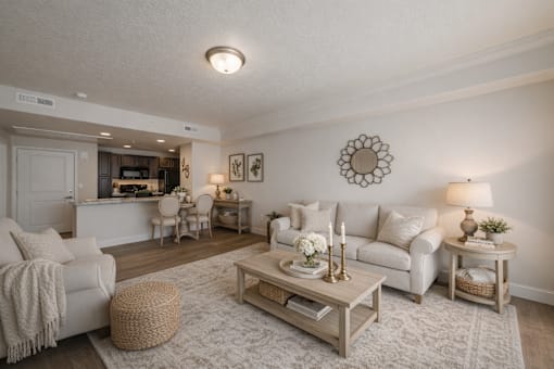 Furnished living room with open kitchen view at The Beckstead Apartments, Utah, 84095