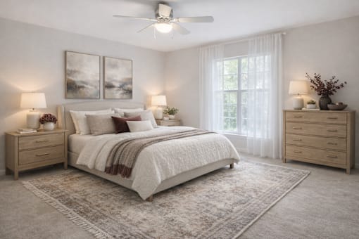 A bedroom with a large bed, two nightstands, and a ceiling fan.