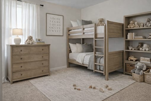 A white bedroom with a poster of the alphabet and a bunk bed.
