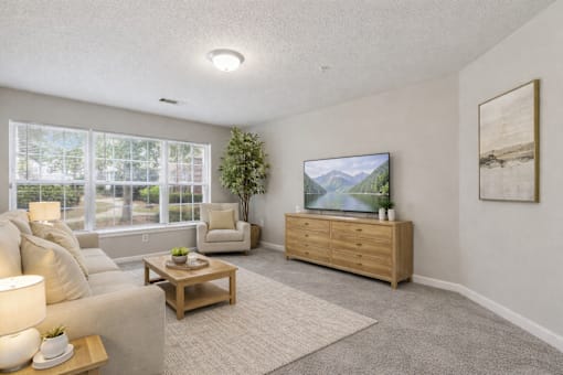 A living room with a couch, a coffee table, a plant, a television, and a painting on the wall.