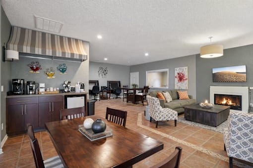 Community clubhouse with coffee bar and lounge seating at Carver Ridge Townhomes Apartments, Chaska, MN
