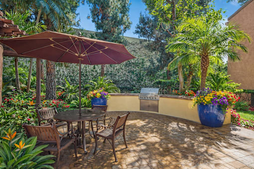 A patio with a table and chairs under an umbrella.