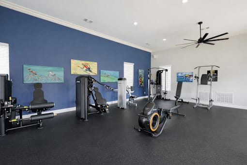A gym with a variety of equipment including a stationary bike, a rowing machine, a treadmill, a weight bench, a leg press machine, a cable machine, a squat rack, a pull up bar,