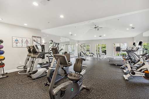 A gym with a variety of exercise equipment.