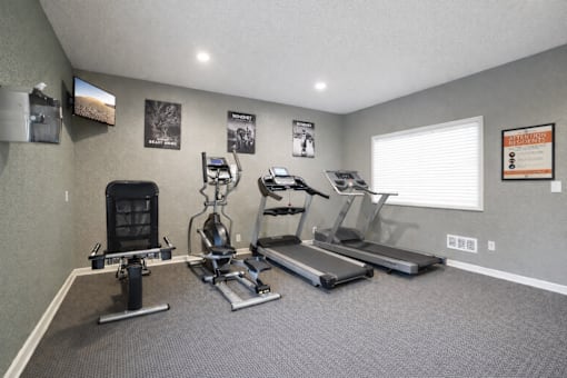 Fitness center with cardio and strength equipment at Carver Ridge Townhomes Apartments, Chaska