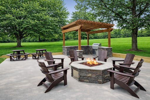 A fire pit surrounded by chairs and a pergola in a backyard.