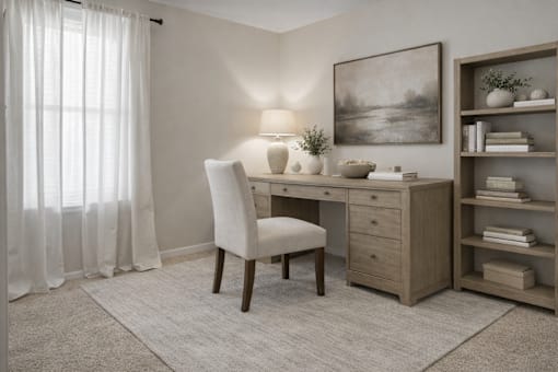 A white chair sits in front of a desk with a lamp and a painting on the wall.