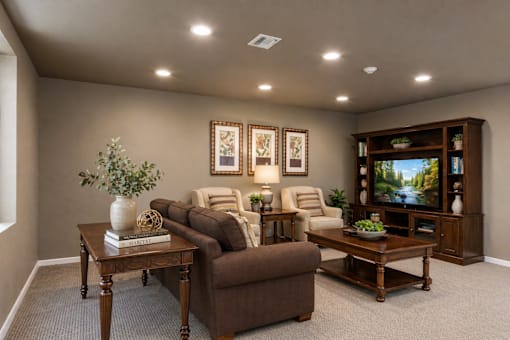 A living room with a brown couch, a coffee table, and a television.