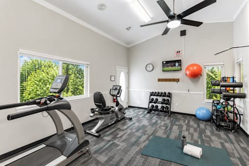A well-equipped home gym with a treadmill, exercise ball, and other fitness equipment.