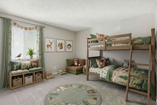 A room with two bunk beds and a bench with a potted plant on it.