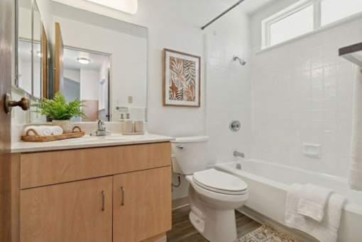 A bathroom with a white toilet, a white tub, and a wooden cabinet.