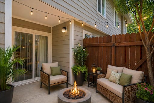 A patio with a fire pit and seating area.