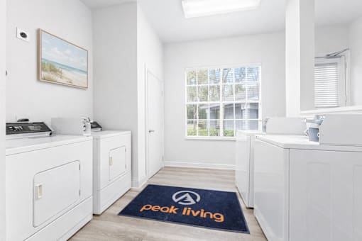 A Peak Living branded rug is on the floor of a white room.