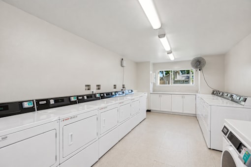 A row of washing machines in a laundromat.