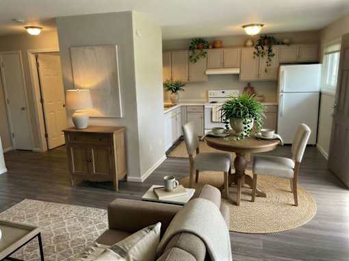 A well-lit, clean, and organized kitchen and living room.