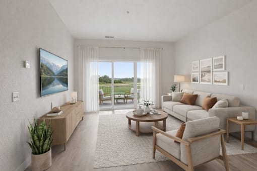 Bright living room with balcony and natural light at Lake Ridge Apartments, Prior Lake, MN