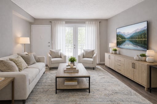 A living room with a large painting on the wall and a view of a lake.