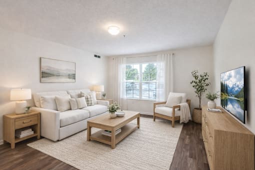 A living room with a white couch, a wooden coffee table, and a flat-screen TV.