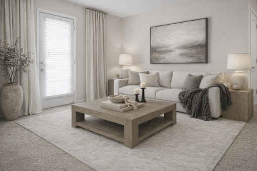 A living room with a couch, a coffee table, and a painting on the wall.