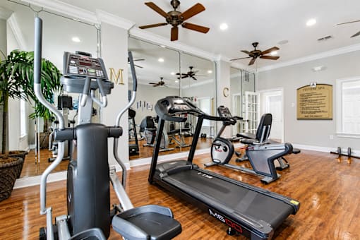 A well-equipped home gym with a variety of exercise machines.