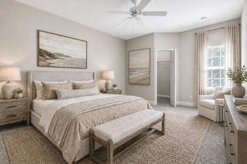 A bedroom with a large bed and a painting on the wall.