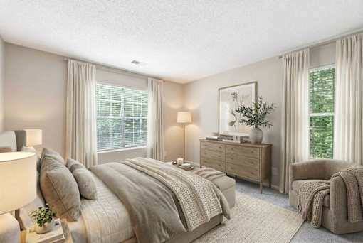 Master bedroom with wood dresser and armchair at Delta Crossing Apartments, North Carolina, 28212