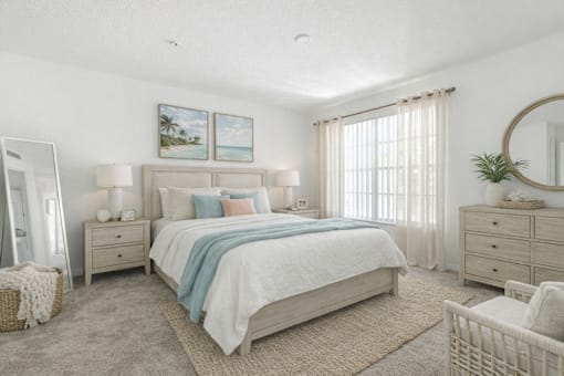 A bedroom with a large bed, a mirror, and a painting on the wall.