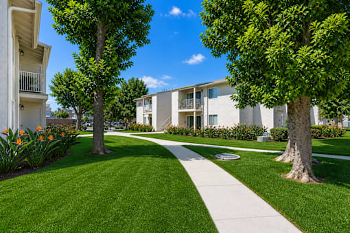 A pathway leads through a grassy area between two buildings.
