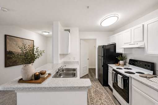 A kitchen with black appliances and white cabinets.