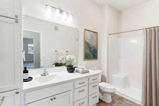 Modern bathroom with white vanity and tub at Lake Ridge Apartments, Prior Lake, Minnesota