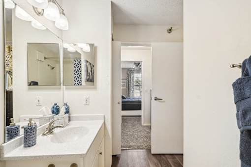 A bathroom with a white sink and a mirror above it.