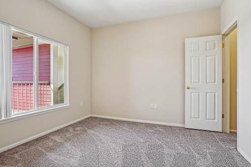 A room with a carpeted floor, a white door, and a window with pink blinds.