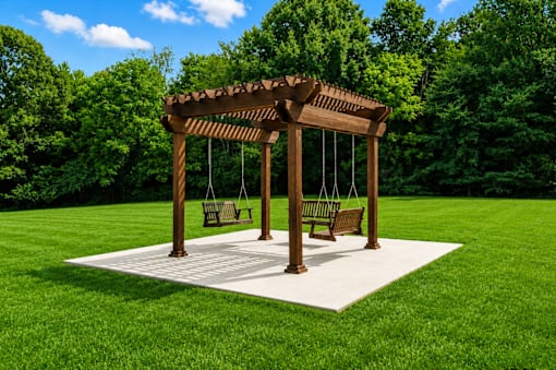 A wooden swing set with two swings is situated on a white platform in a grassy area.