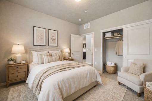 Bedroom with neutral tones and open closet at Harper Ridge Apartments, Meridian, 83642